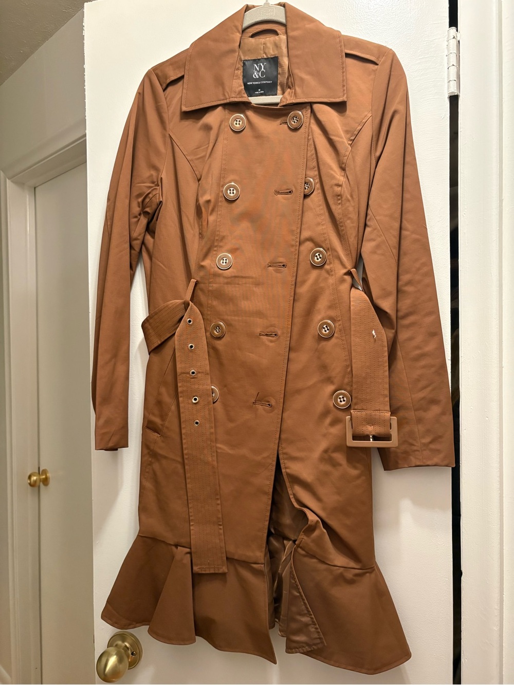 New York & Company Rust Trench Coat with Ruffle Hem